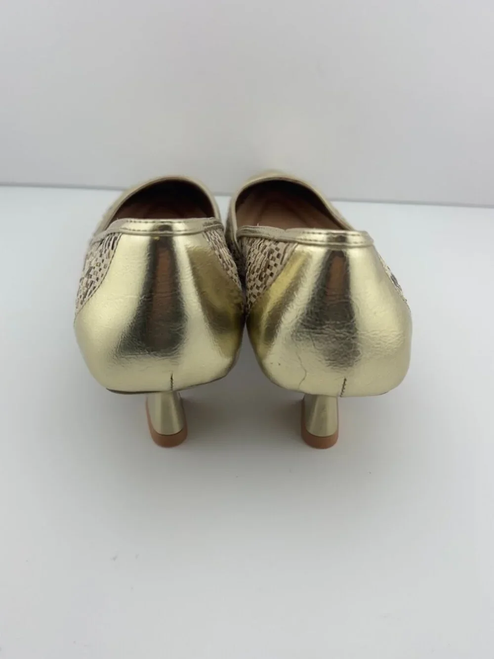 FRANCO SARTO DARCY POINTED TOE KITTEN HEEL PUMP GOLD BEIGE MULTI WOVEN SIZE 7.5M